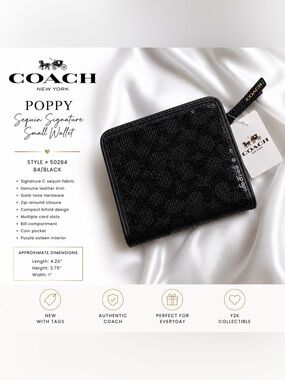 NWT Coach Poppy Black Sequin Signature Small Wallet Y2K Style 50284